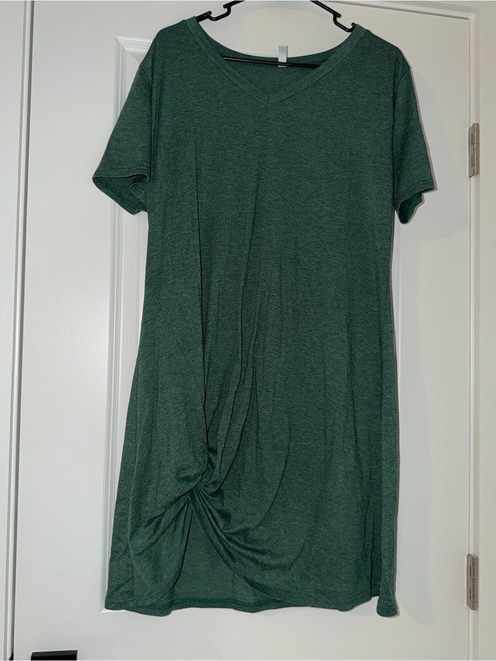 Women's V-Neck Midi Dress with Side Twist - Dark Green